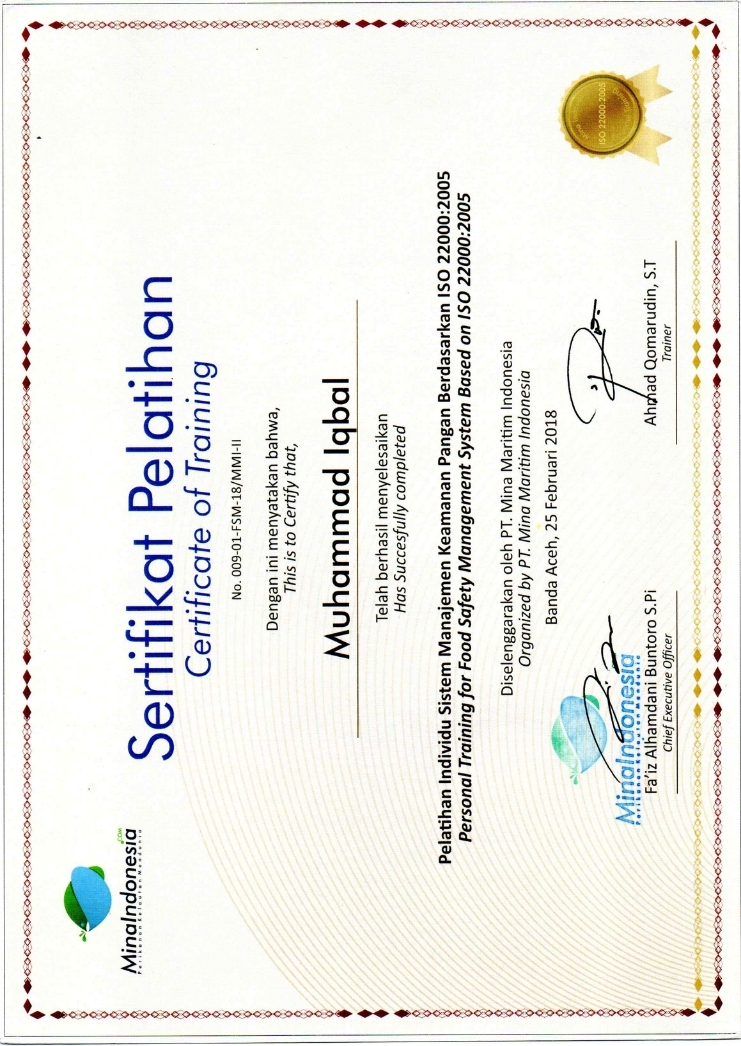 ISO 22000:2005 Food Safety Management System Training Certificate - Muhammad Iqbal